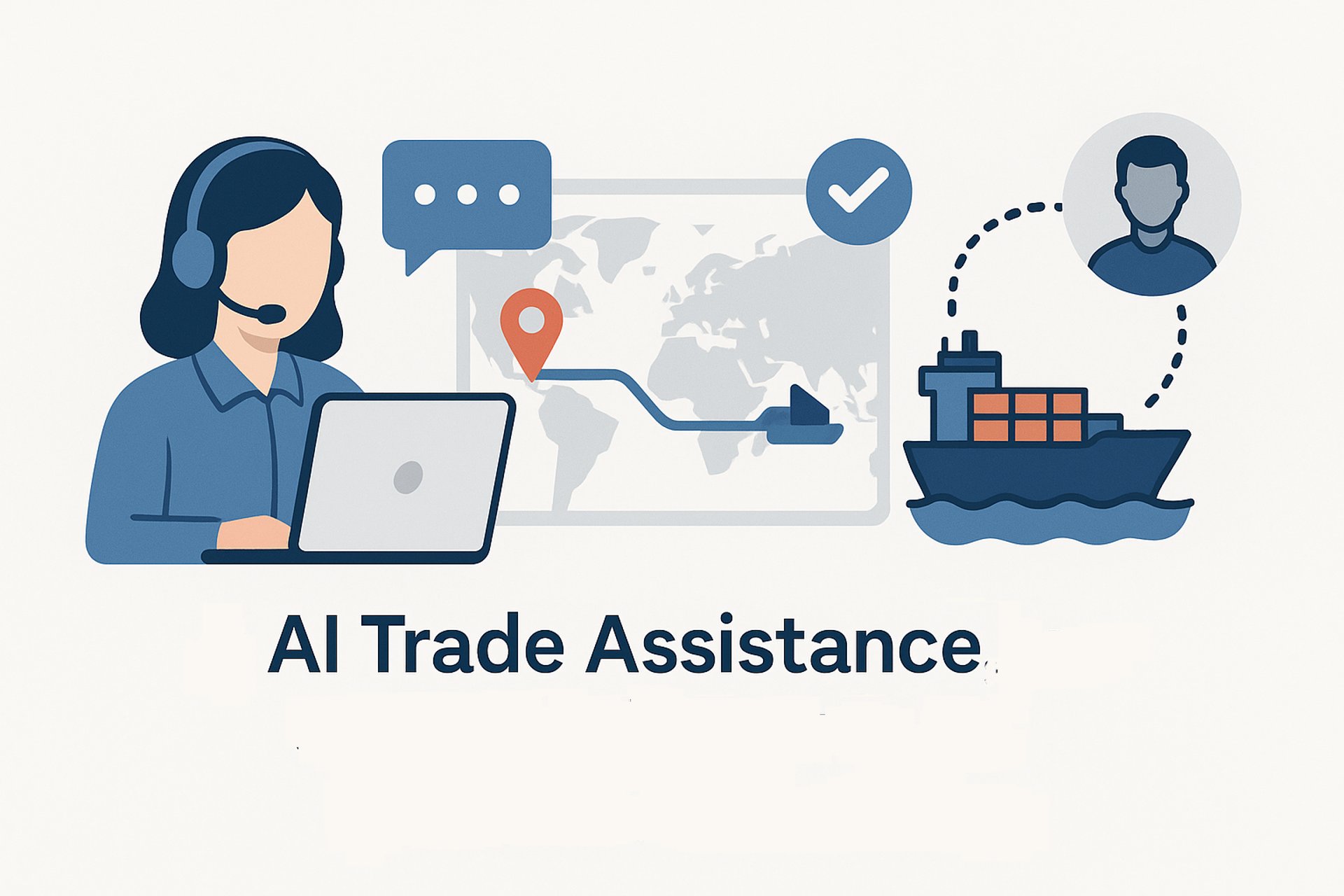 Illustration showing an AI trade assistant using a headset and laptop, a global map with a shipping route, a cargo ship track