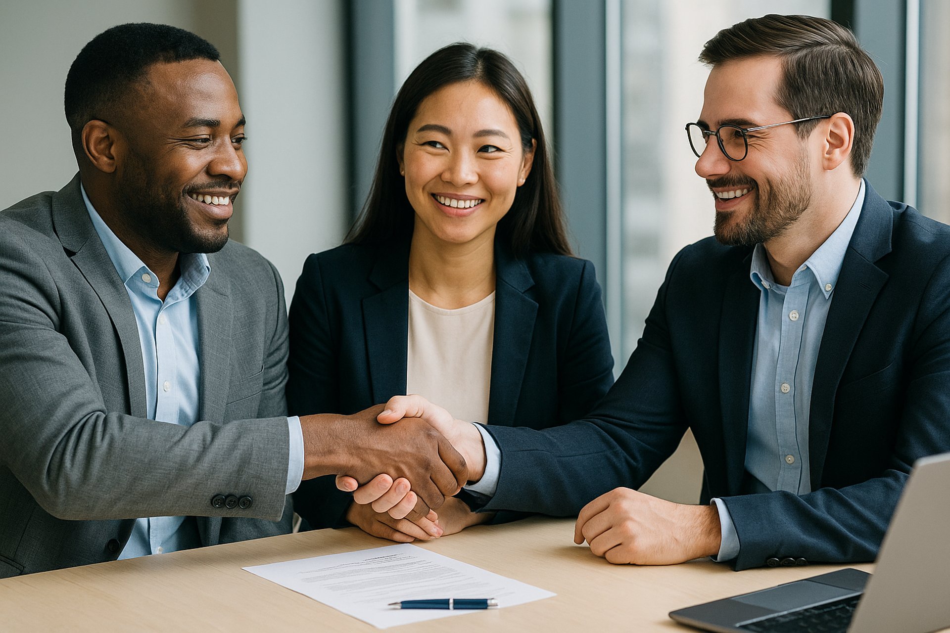 Three diverse business professionals smiling and shaking hands around a contract in a modern office, representing successful 