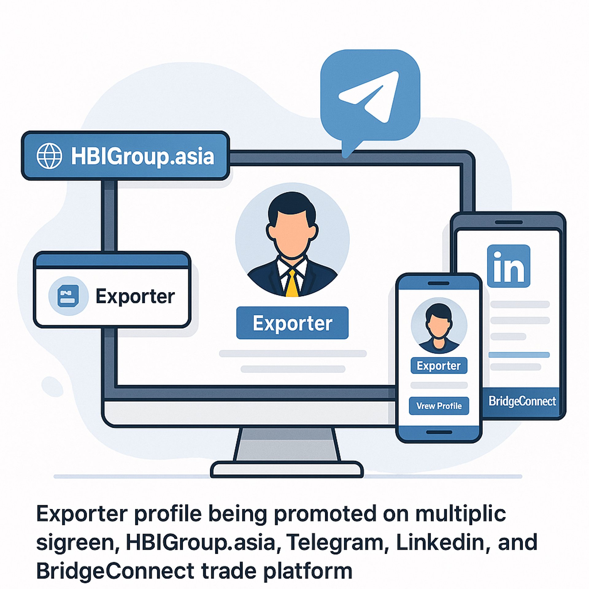 Illustration of an exporter profile displayed across multiple platforms including HBIGroup.asia, Telegram, LinkedIn, and Brid