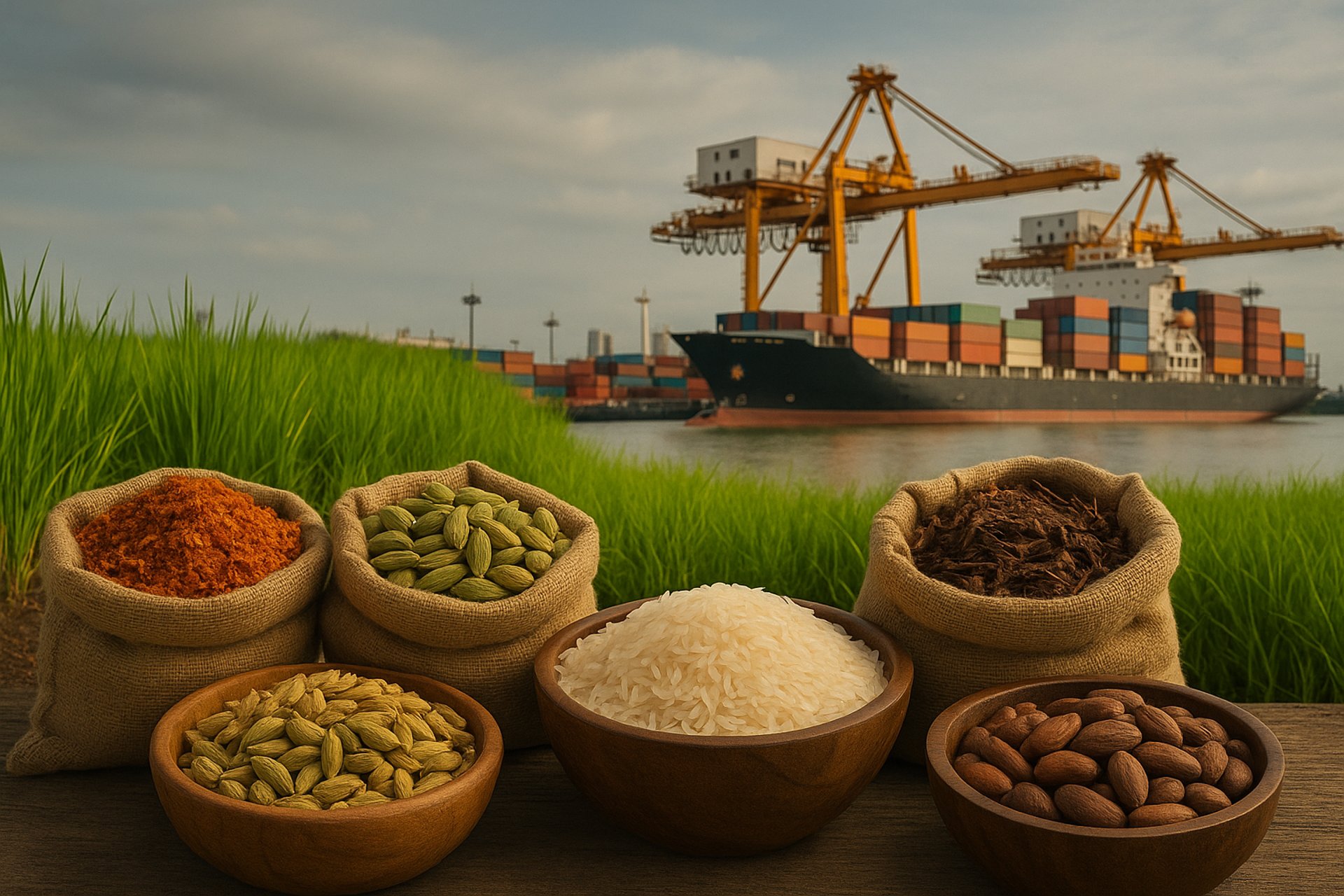 Cargo containers being loaded at an Asian port, representing global shipping and export logistics for agro raw materials.