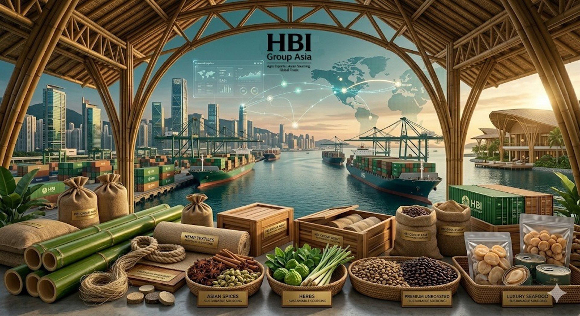 Premium sustainable export ecosystem featuring bamboo, hemp, spices, seafood, and global trade by HBI Group Asia™