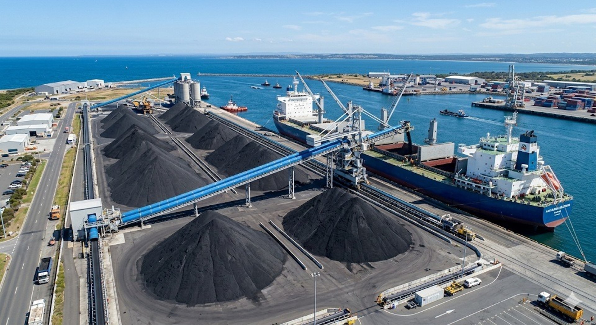 High calorific value thermal steam coal stockpile loading for bulk maritime export from Indonesia.
