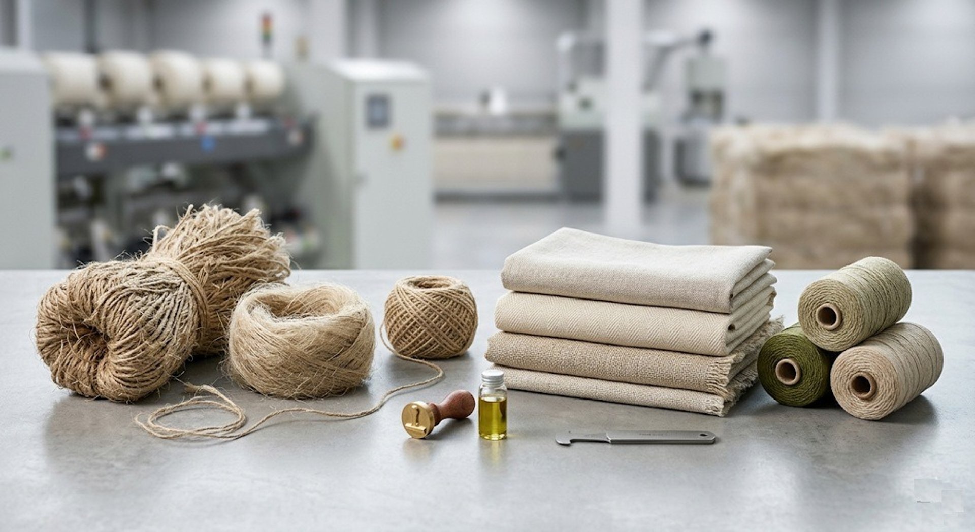 Processed organic hemp fiber bundles and raw sustainable textiles prepared for industrial factory sourcing.
