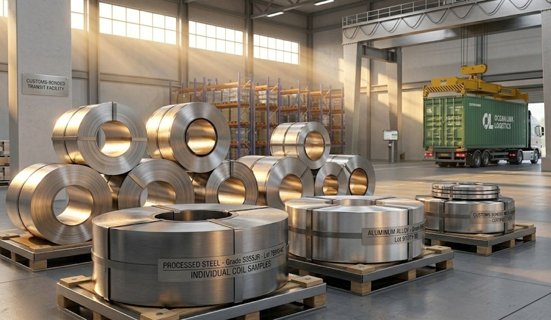 Processed industrial metal sheets and raw alloy blocks prepared for heavy fabrication export.