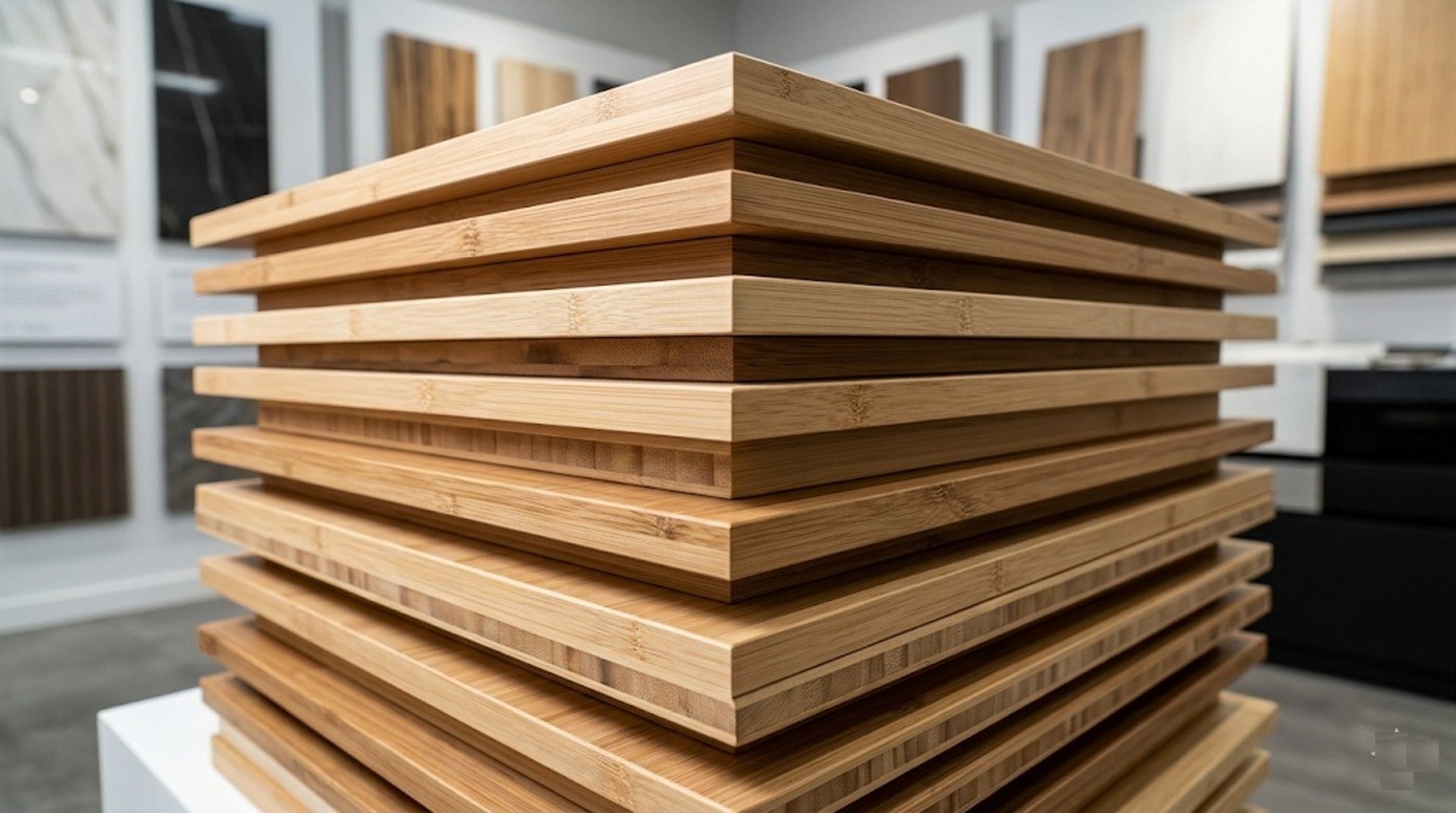 Engineered interior decorative bamboo panels stacked inside a premium architectural materials warehouse.