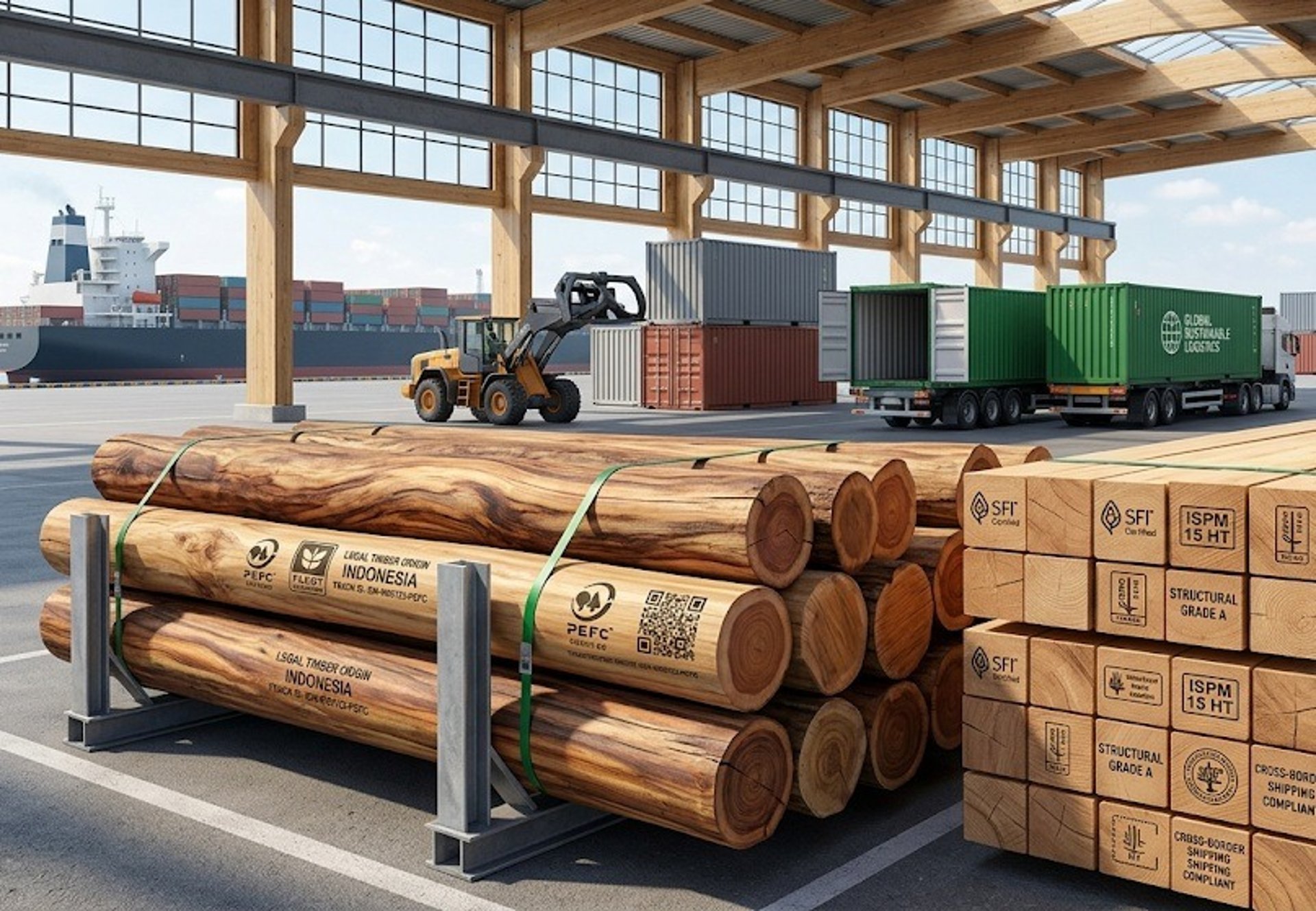 Sustainably harvested legal industrial timber and raw wood logs stacked for bulk commercial cargo.