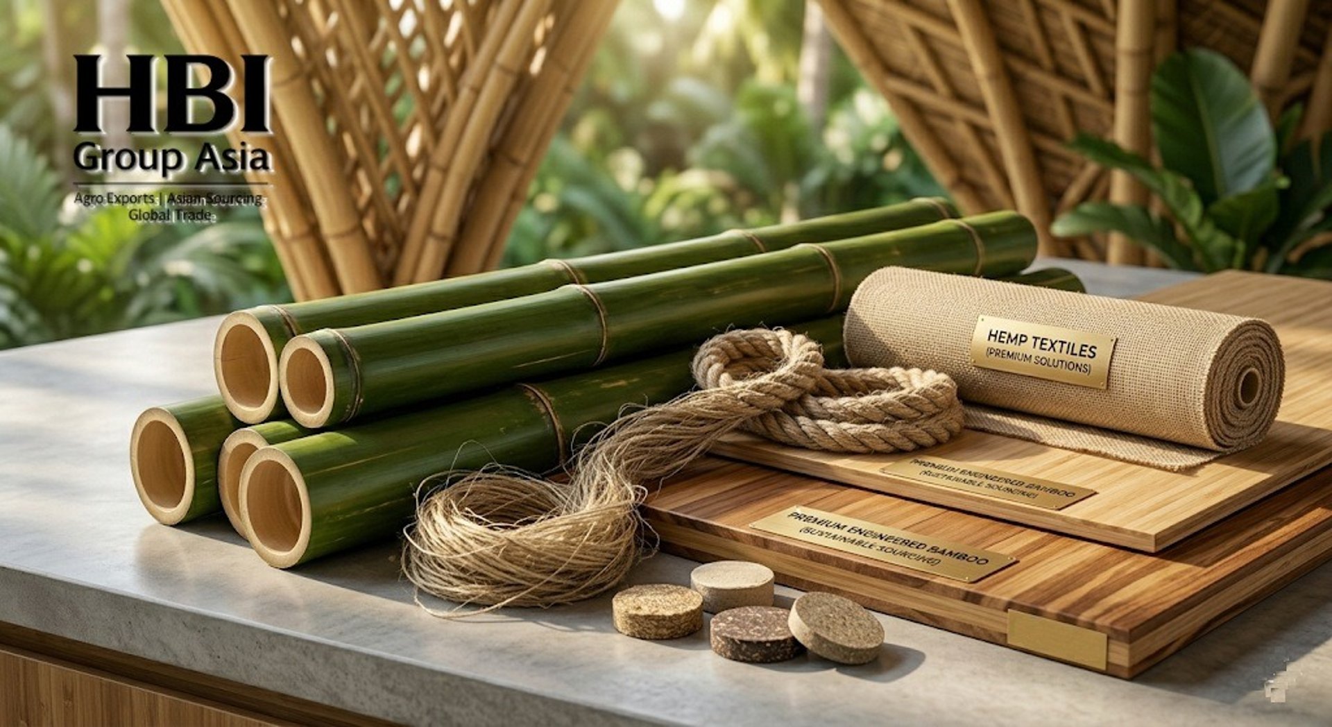 Luxury bamboo and hemp export materials displayed for eco construction and hospitality sourcing by HBI Group Asia