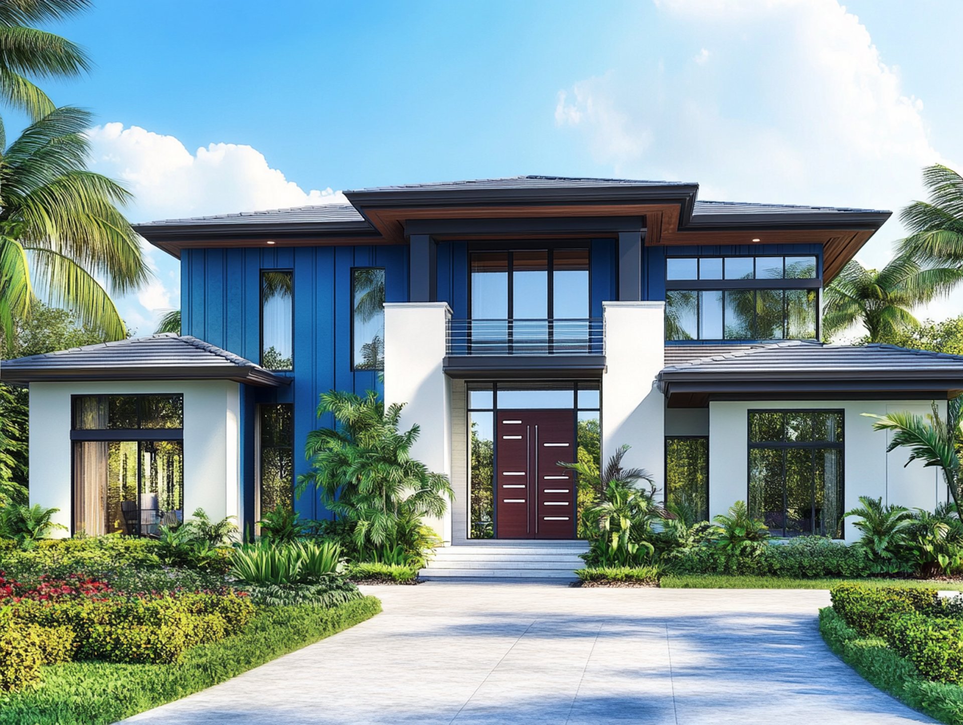 a blue house with palm trees in front of it
