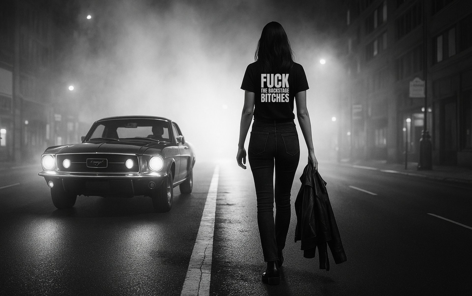 Nighttime street scene with a woman walking toward a classic car, wearing a bold NOVIP back-print tee.”