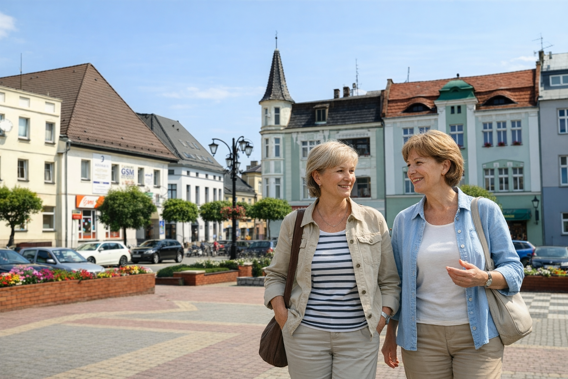 Trzy kobiety na tle miejskiej zabudowy