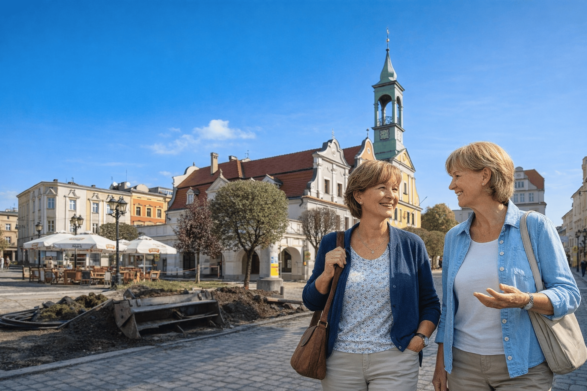 Dwie kobiety na tle rynku w Kluczborku – ilustracja projektu aktywizacji kobiet z powiatu