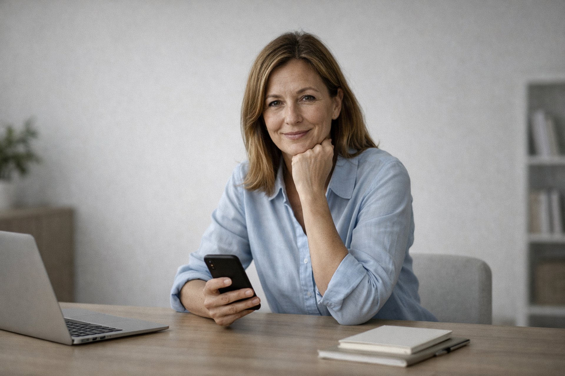 Kobieta siedząca przy biurku z telefonem w ręku