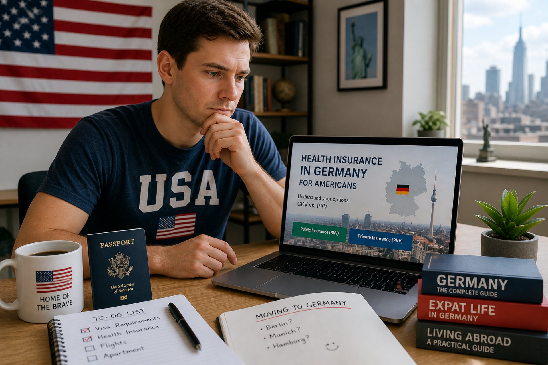 American man in the US reviewing German health insurance options on a laptop while planning his move to Germany