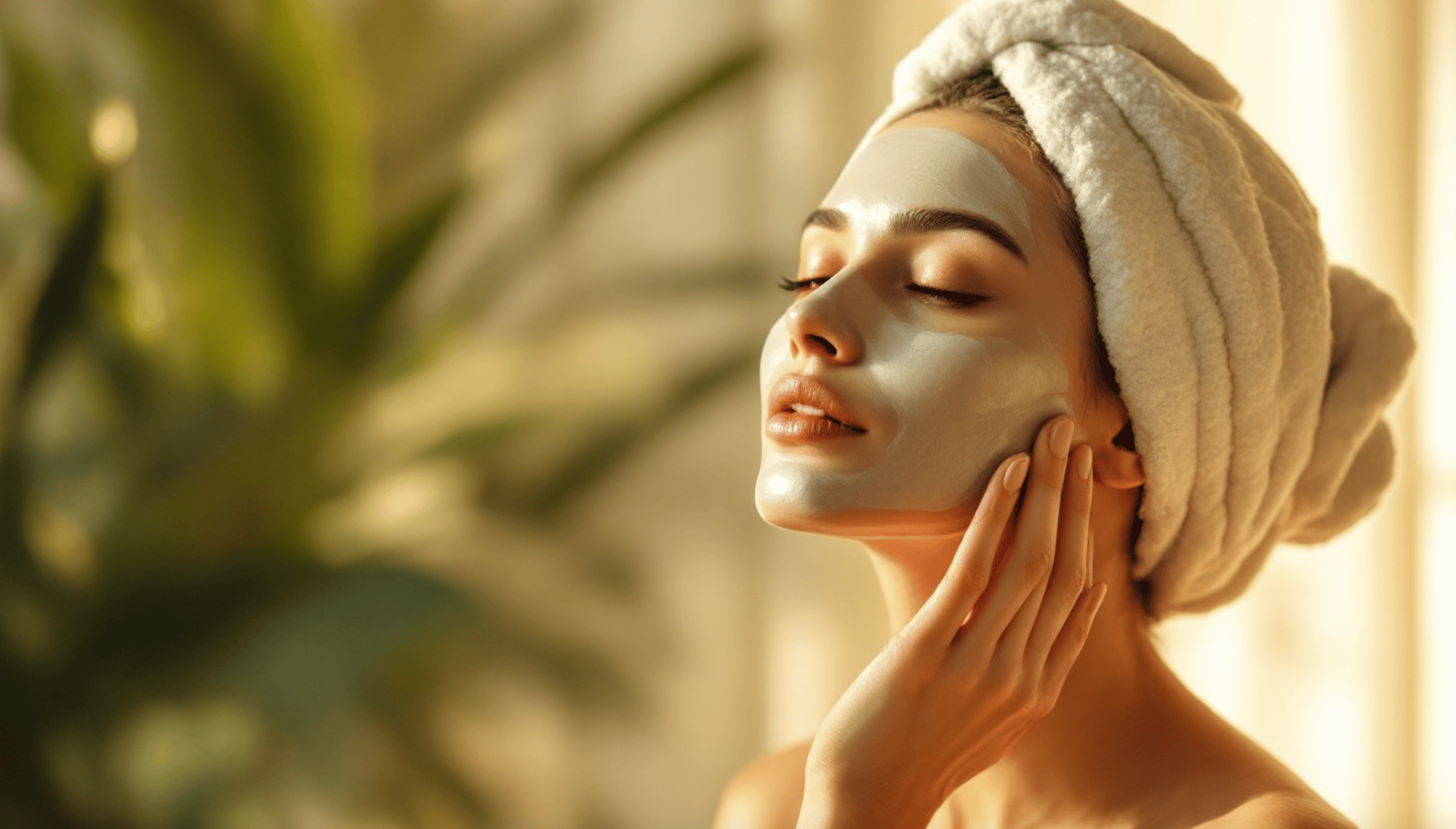 woman lying on blue towel with white cream on face