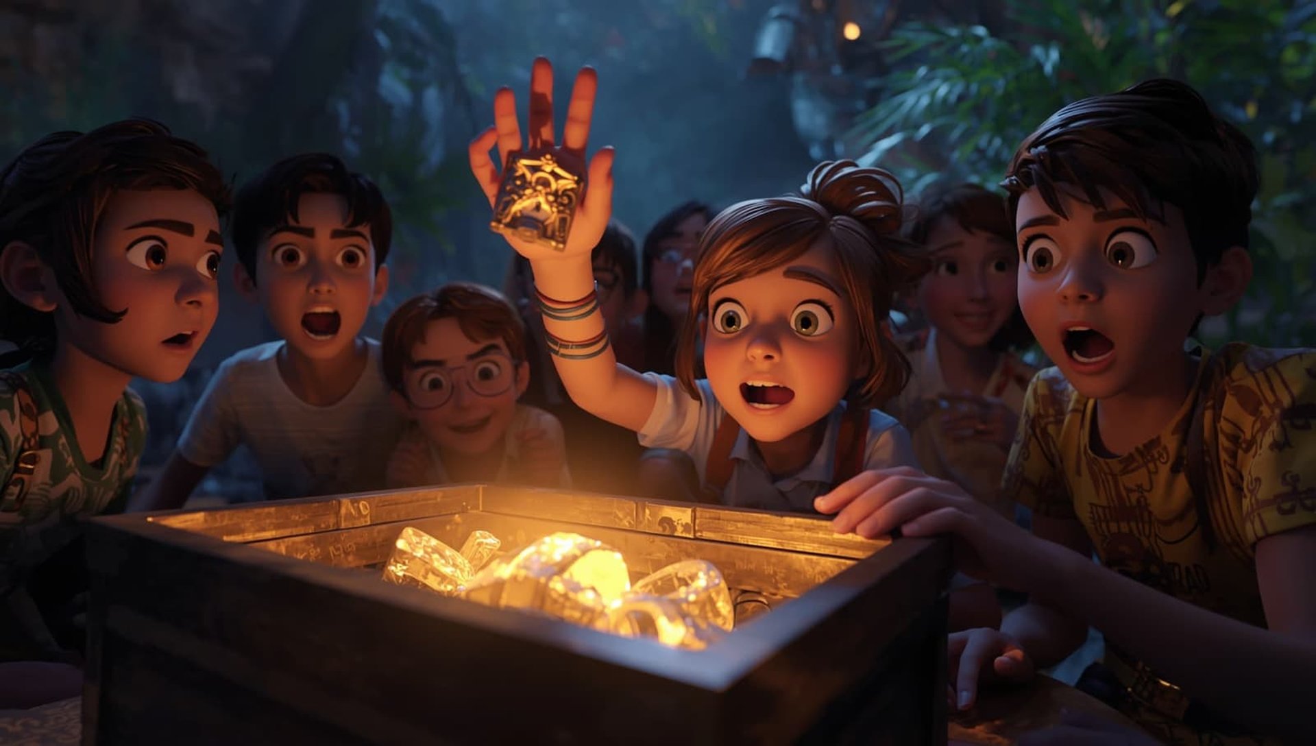 Filmska scena oduševljene grupe dece koja pronalaze svetleće blago u Exploroom escape room-u, najboljoj igraonici u Nišu.