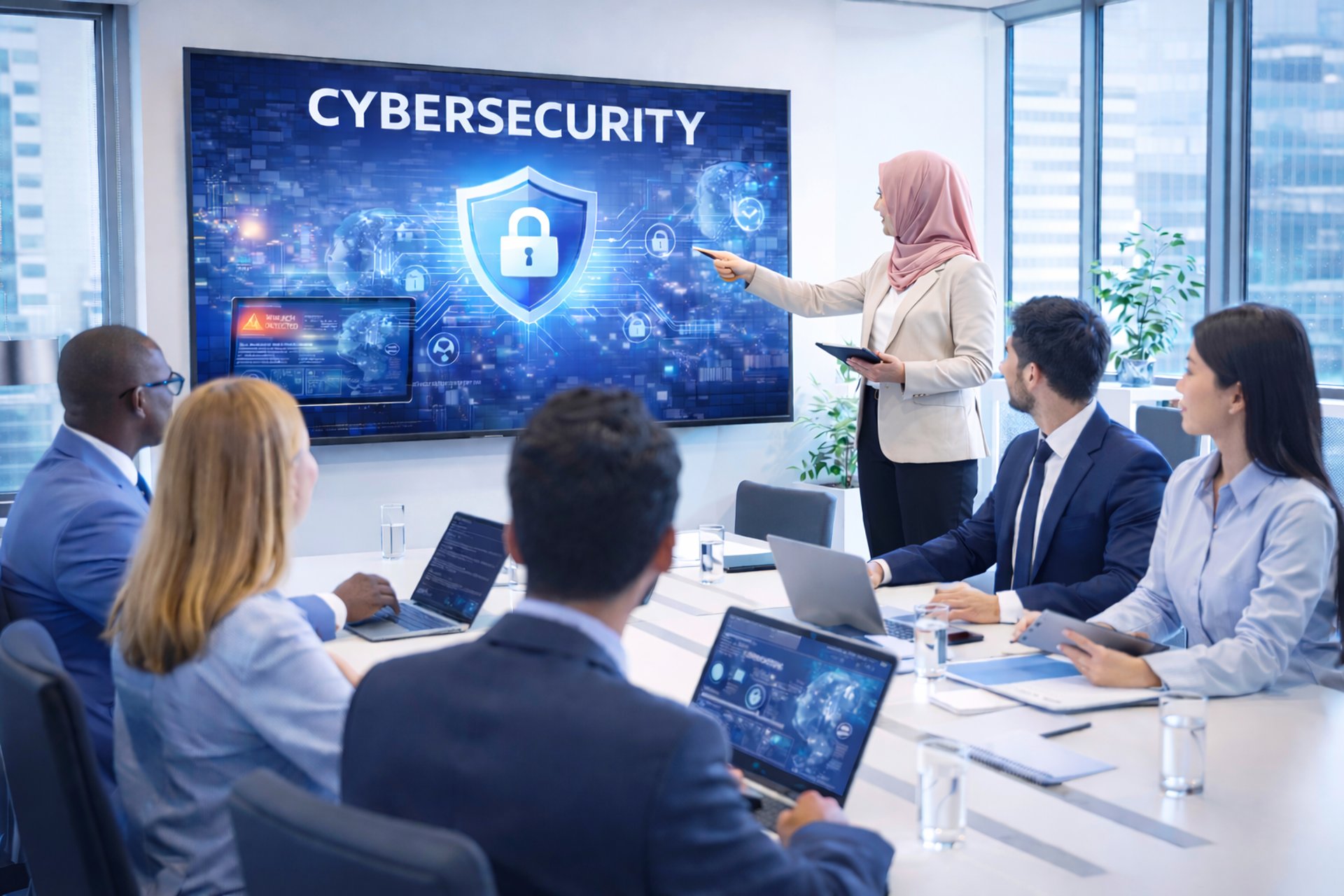 a group of people sitting around a table with laptops