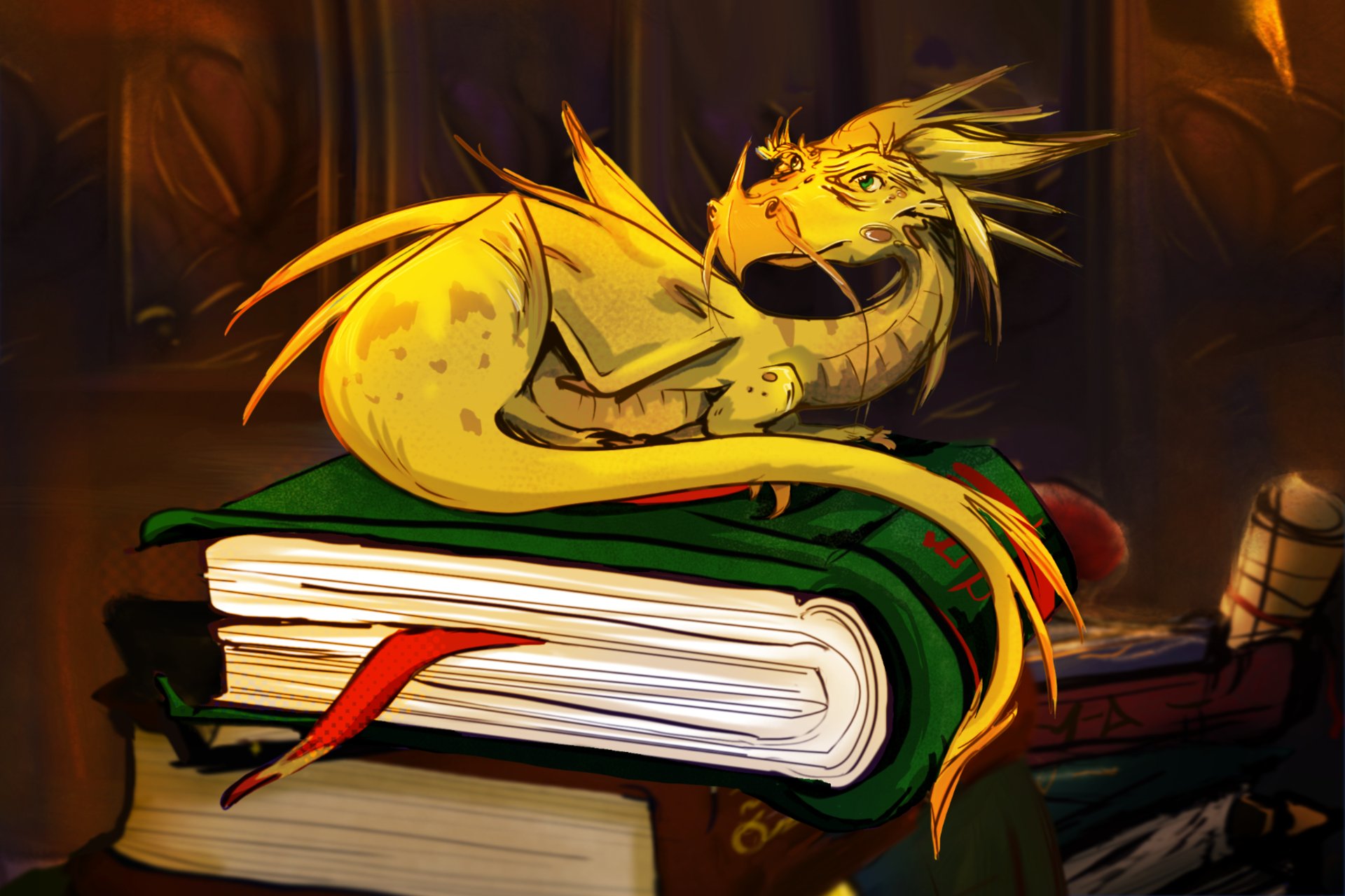 A little golden dragon resting on a book in a library.
