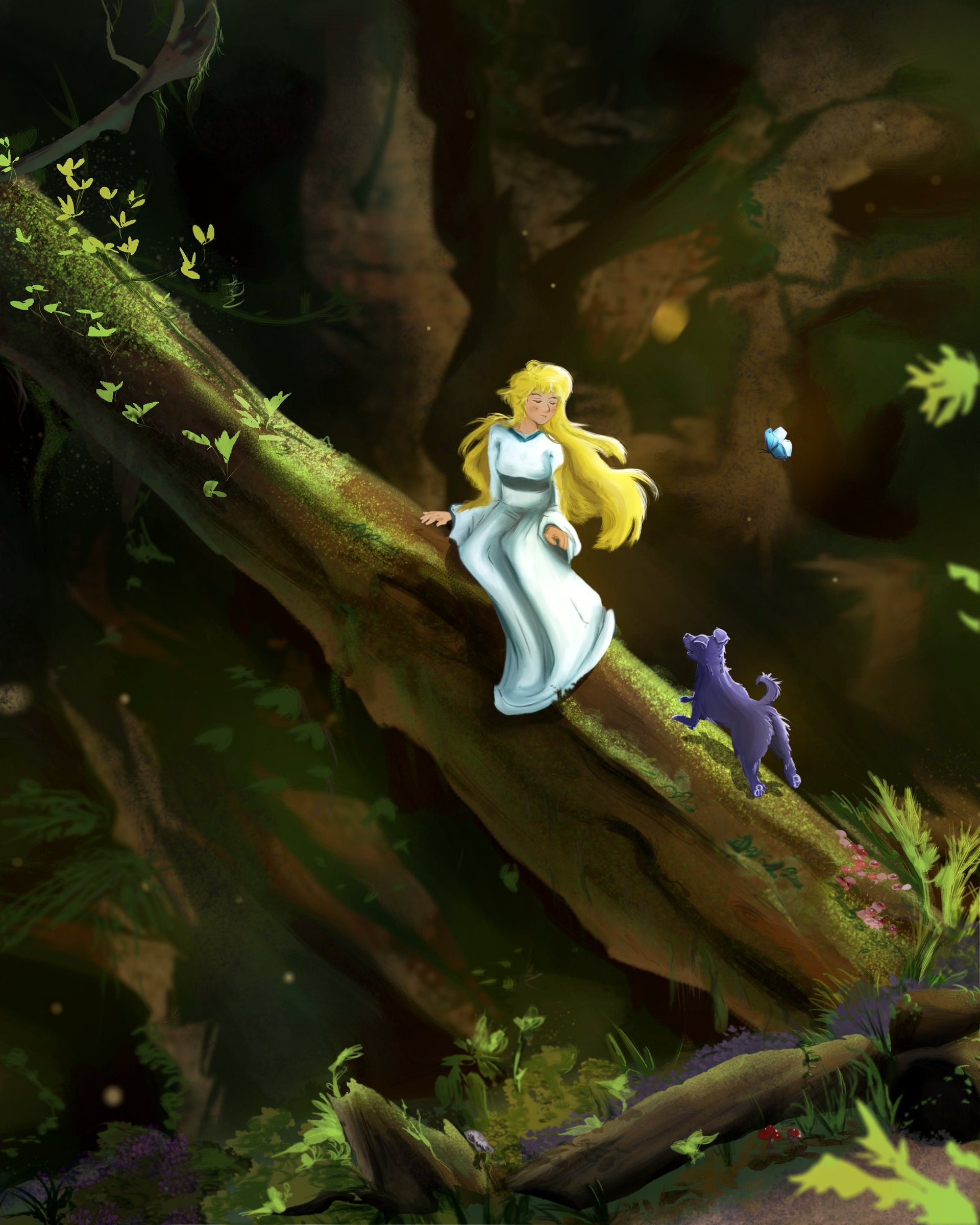 GIrl and dog in the forest