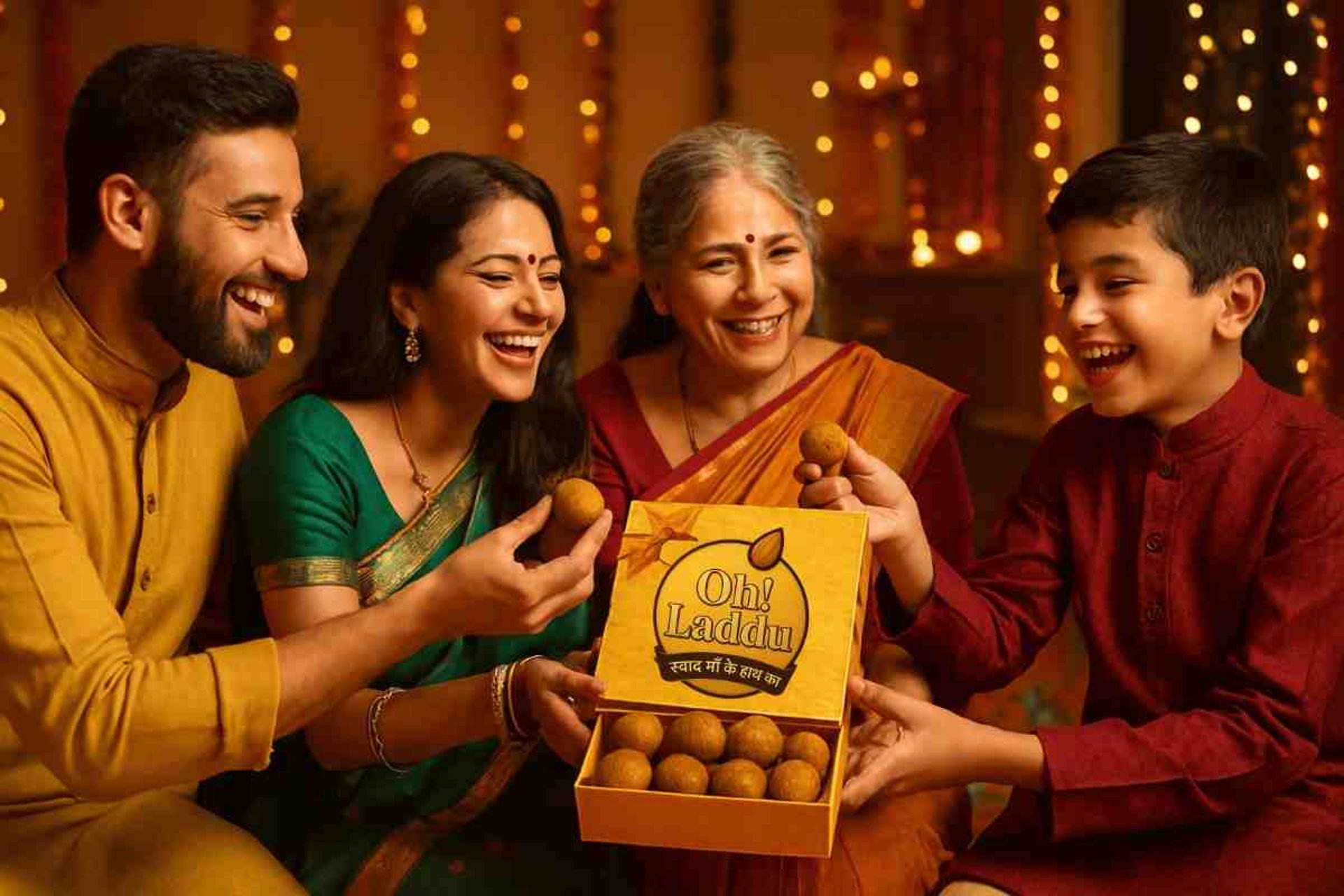 Indian family enjoying homemade Oh Laddu sweets together, celebrating tradition, togetherness, and authentic homemade taste.