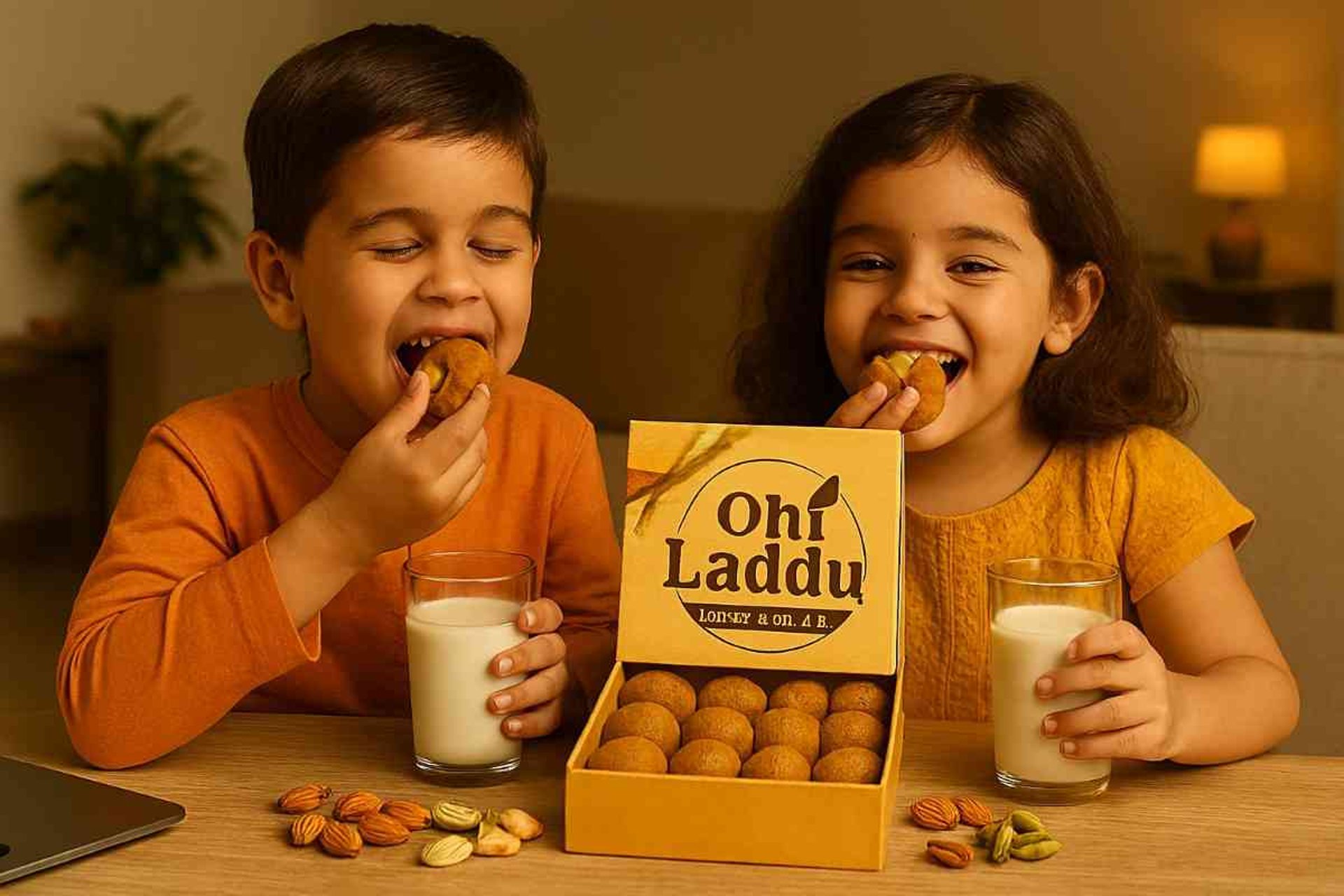 Children enjoying homemade laddus from Oh Laddu with milk, highlighting healthy, family-friendly Indian sweets.