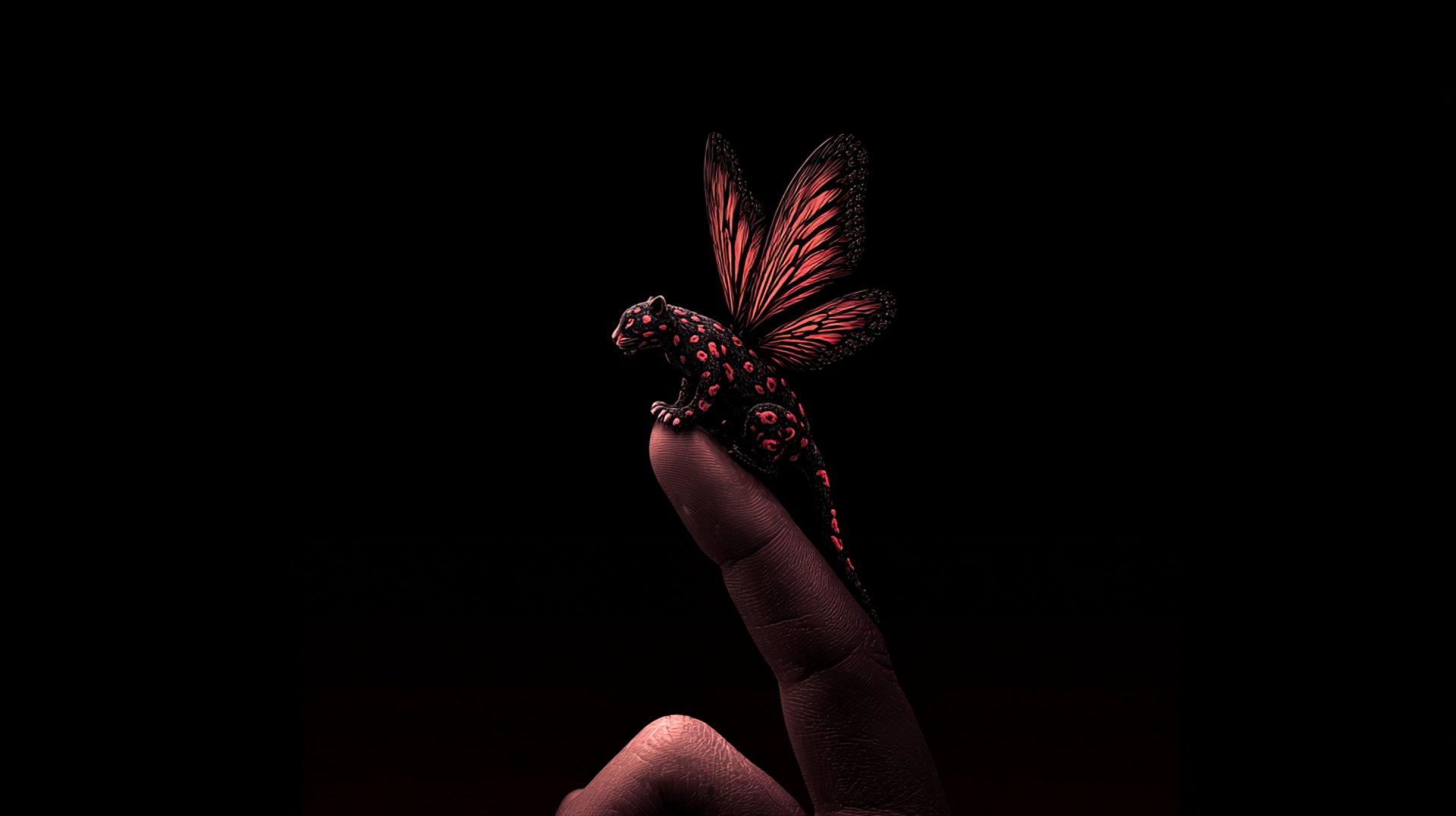 A vibrant miniature jaguar with monarch butterfly wings, a Mexican alebrije, perched on a human finger.