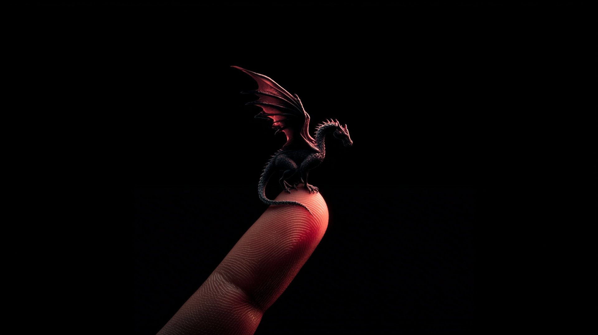 A miniature dragon perched delicately on a human finger, illuminated by dramatic lighting against a solid black background