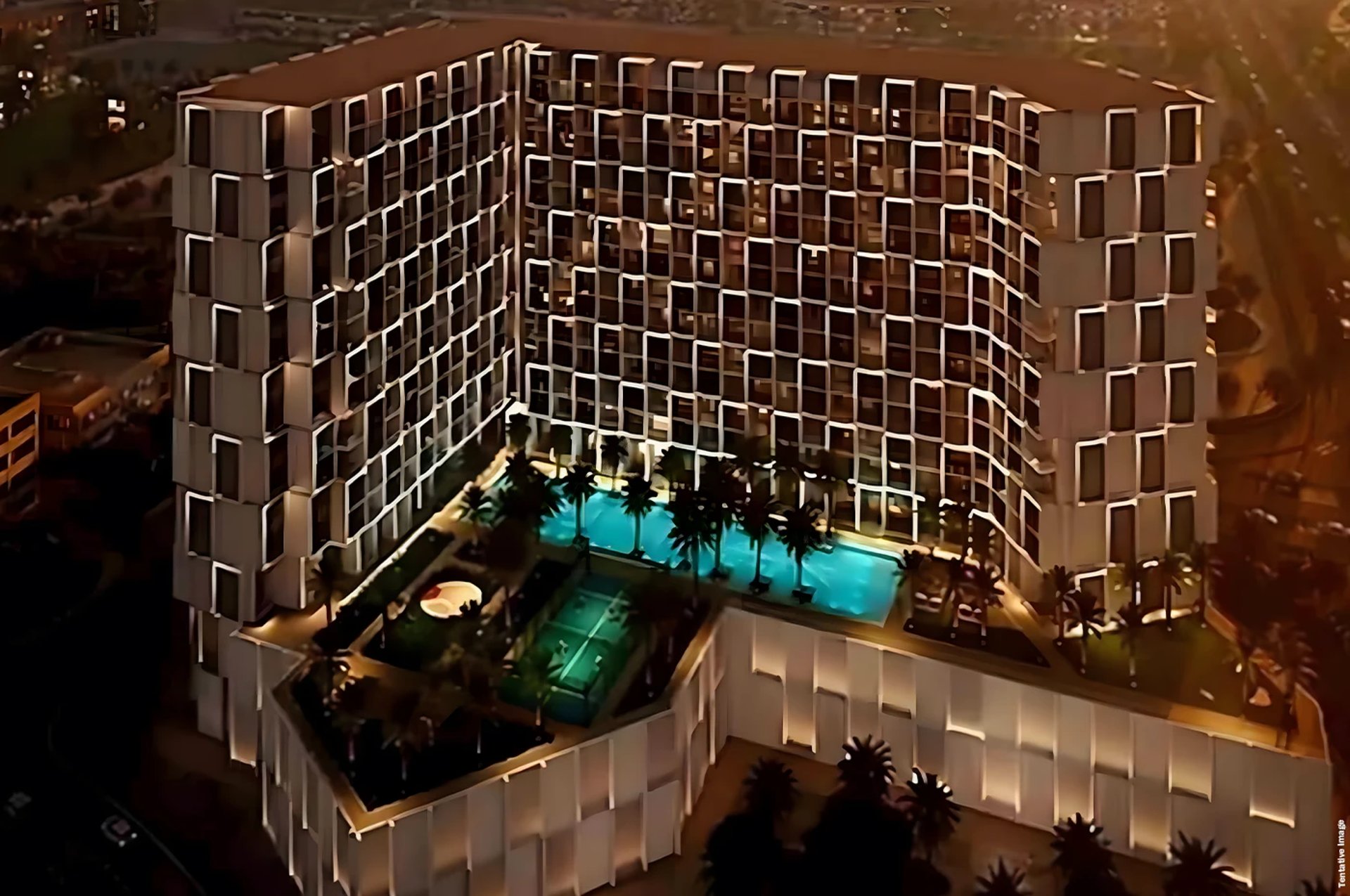 an abstract photo of a curved building with a blue sky in the background