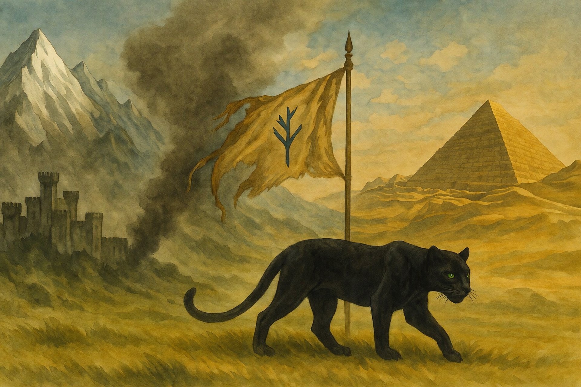 Ohanko the jaguar walking in Orbis against Magnushire, Solis, and Aksala, with a burning Cedarstone and rune stone flag