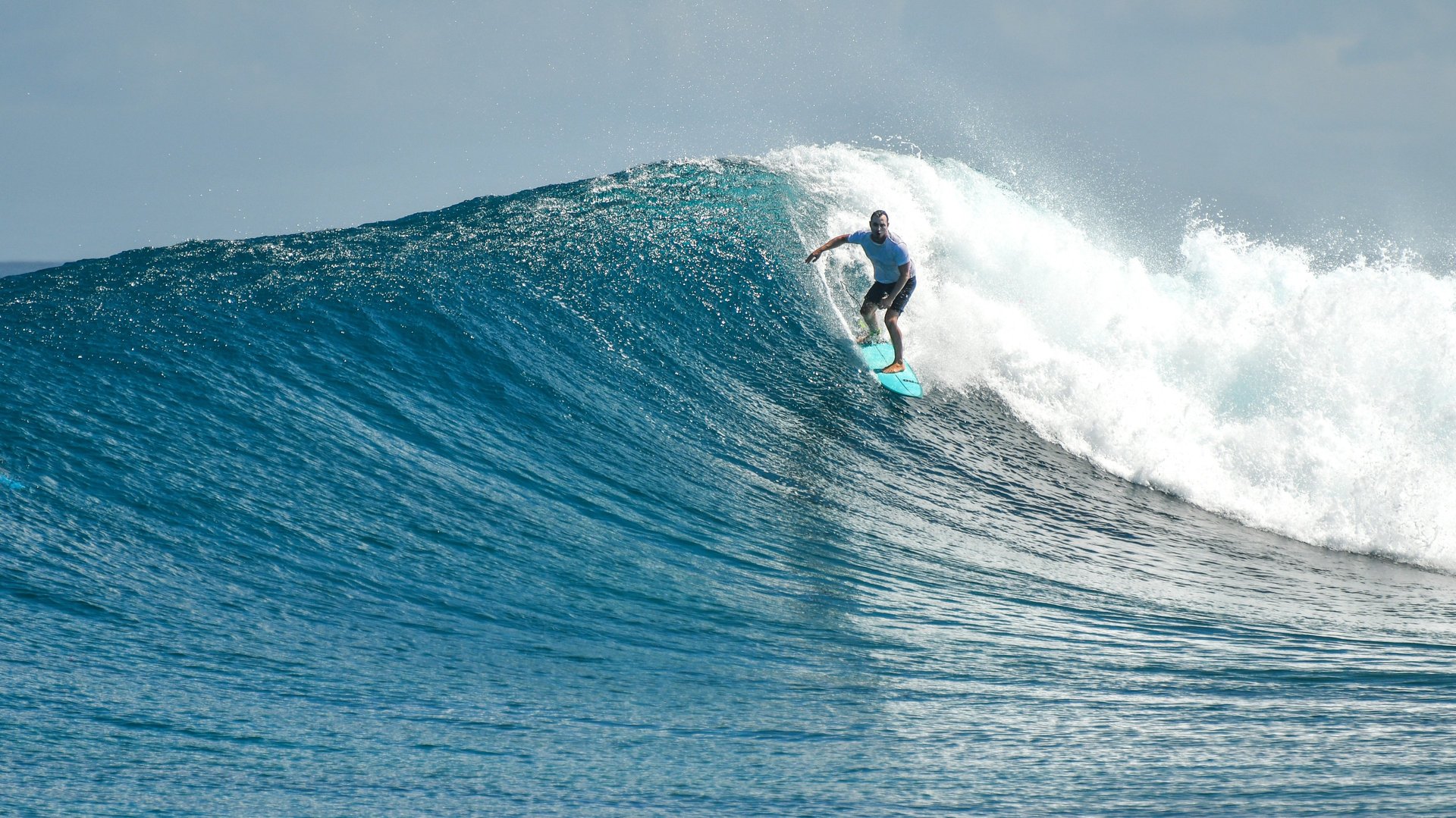 grayscale man surfing
