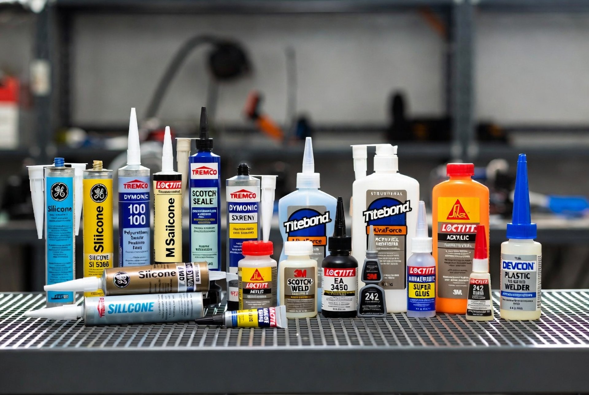 Adhesives lined up on a table