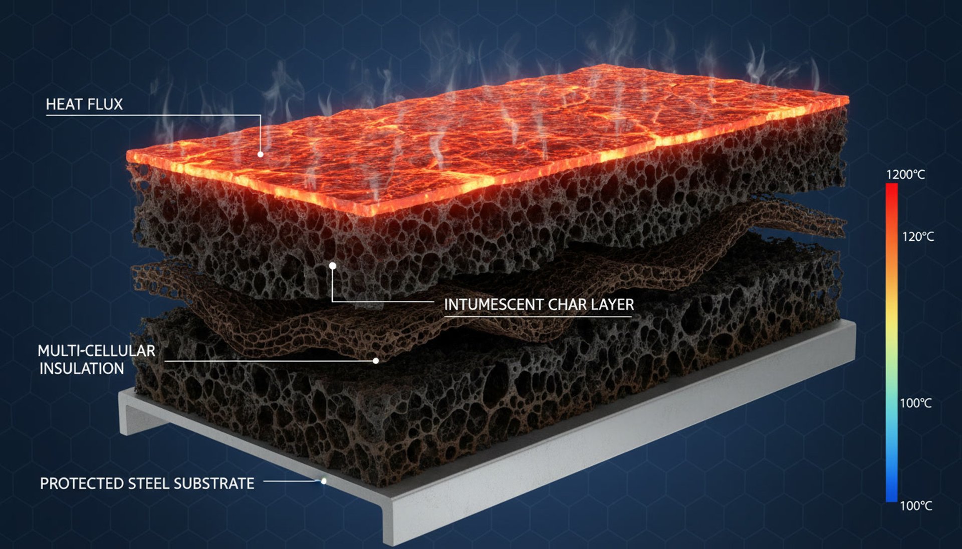 Cross-section of intumescent char layer protecting steel during fire exposure