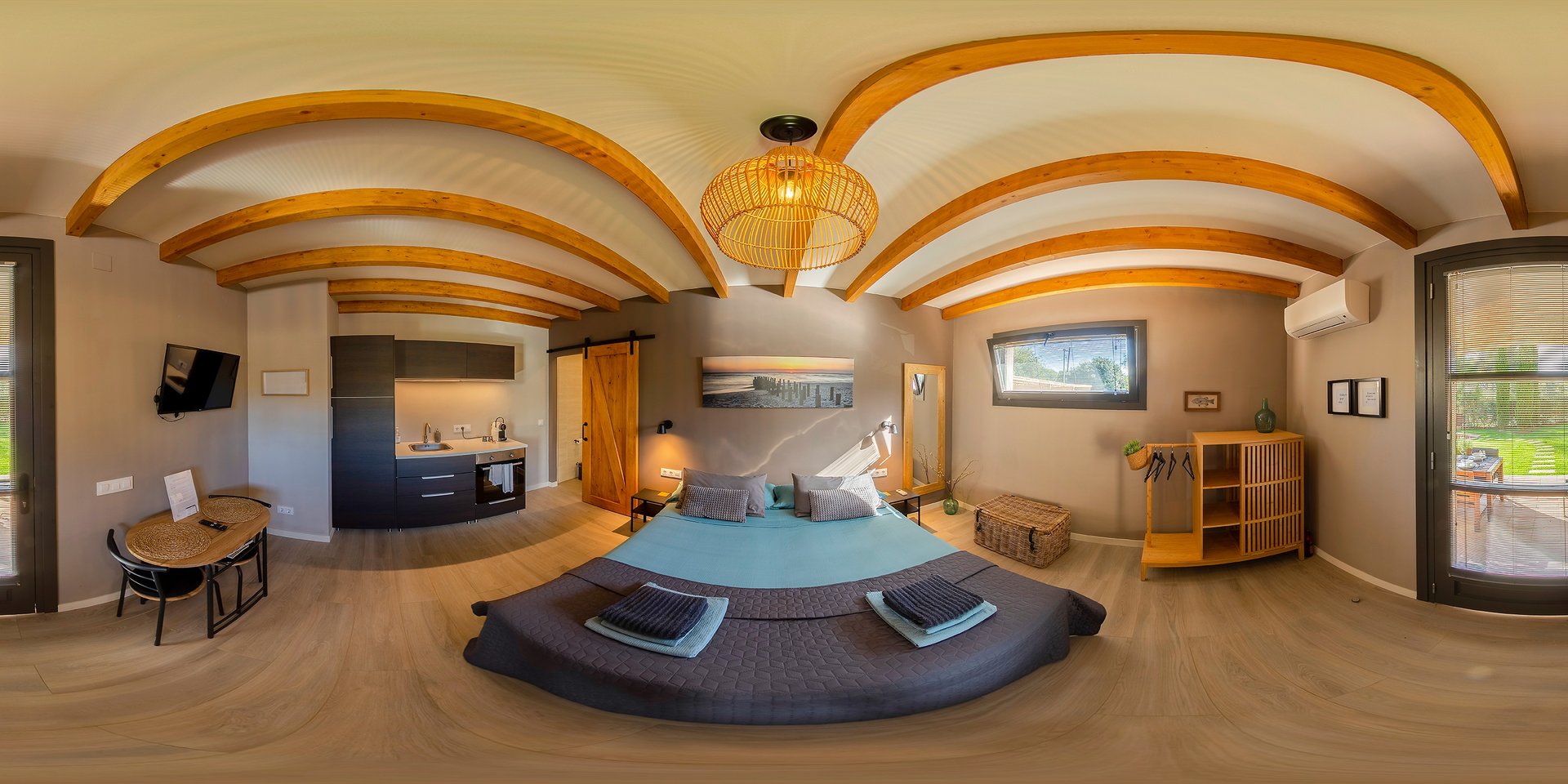 an abstract photo of a curved building with a blue sky in the background