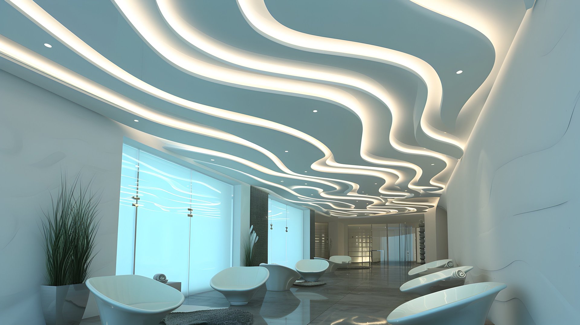 an abstract photo of a curved building with a blue sky in the background