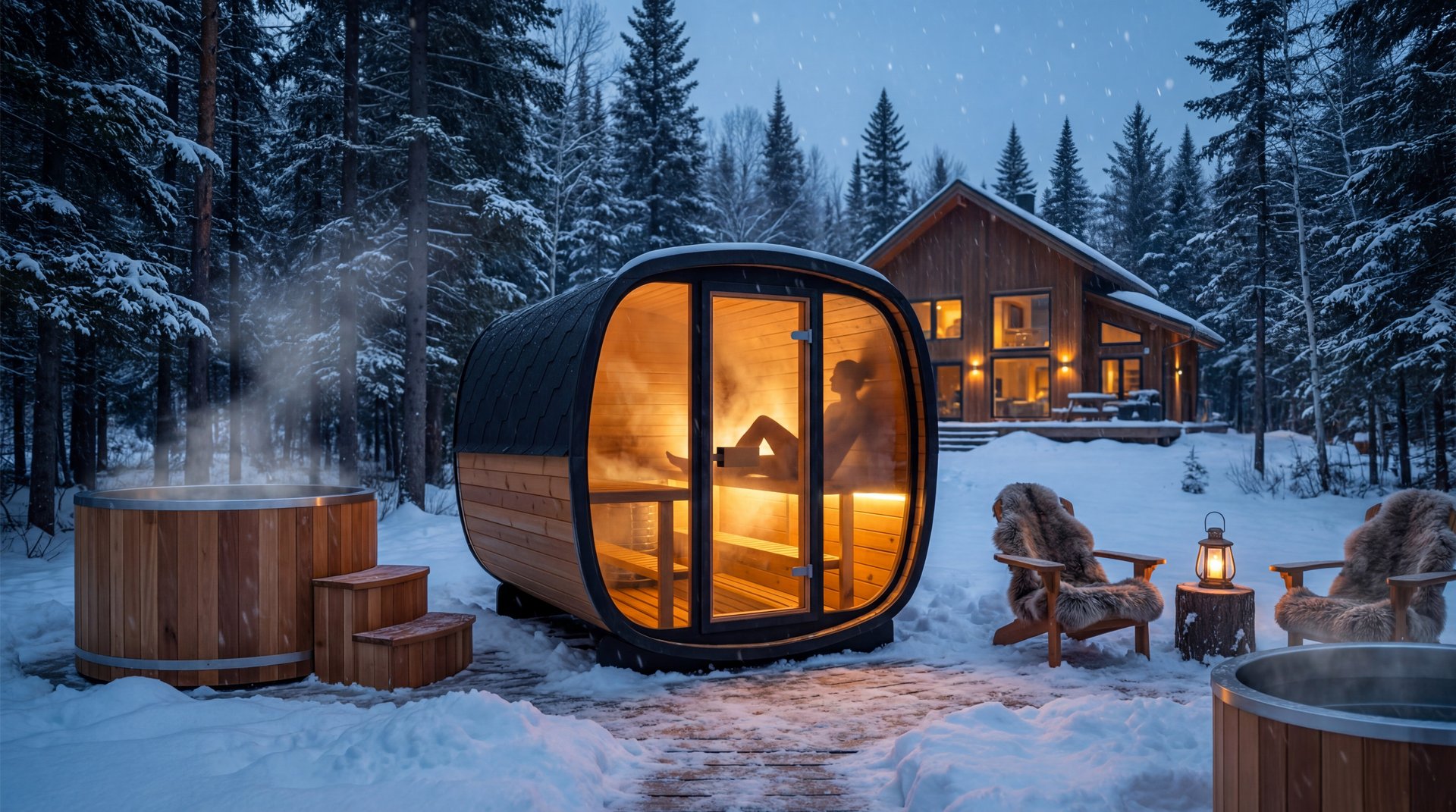 Woman in sauna holding ladle over bucket