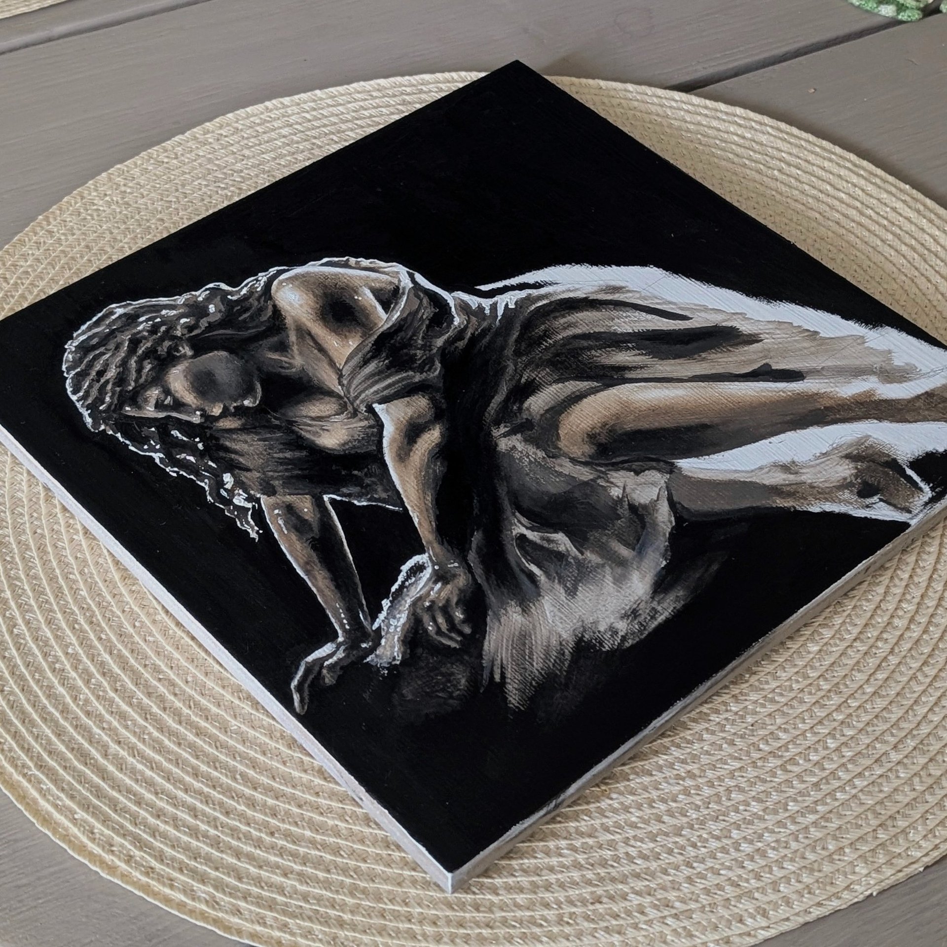 Óleo original en venta de elperrolatinta, pintura figurativa en negro con claroscuro y estilo propio