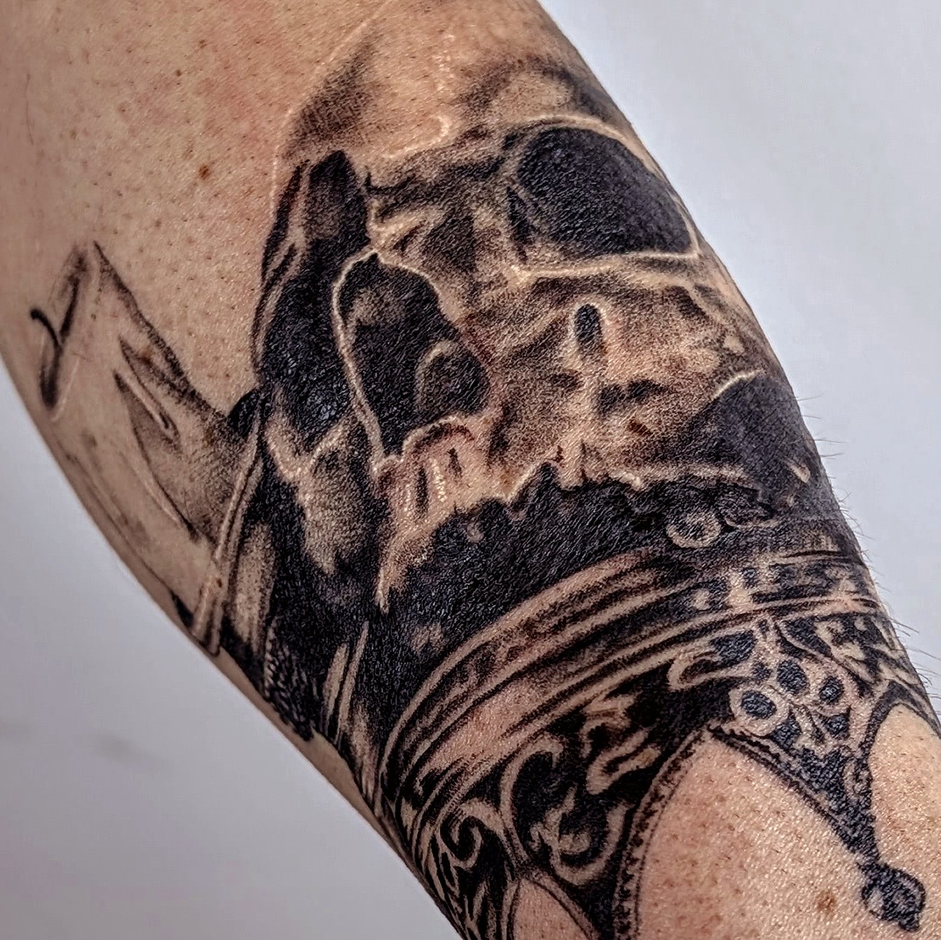 Tatuaje de cráneo y corona en negro realizado por elperrolatinta en Asturias
