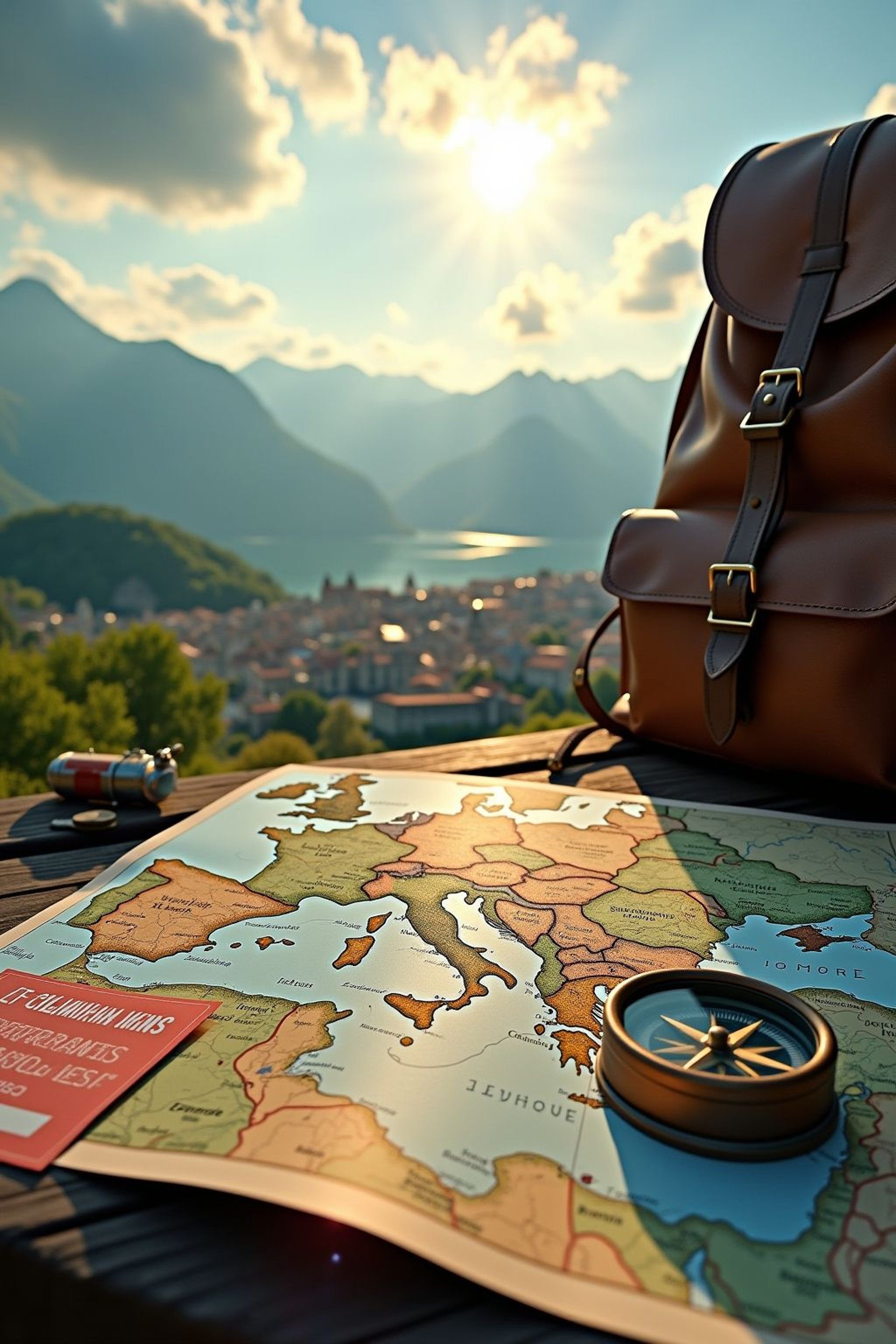 flat lay photography of camera, book, and bag