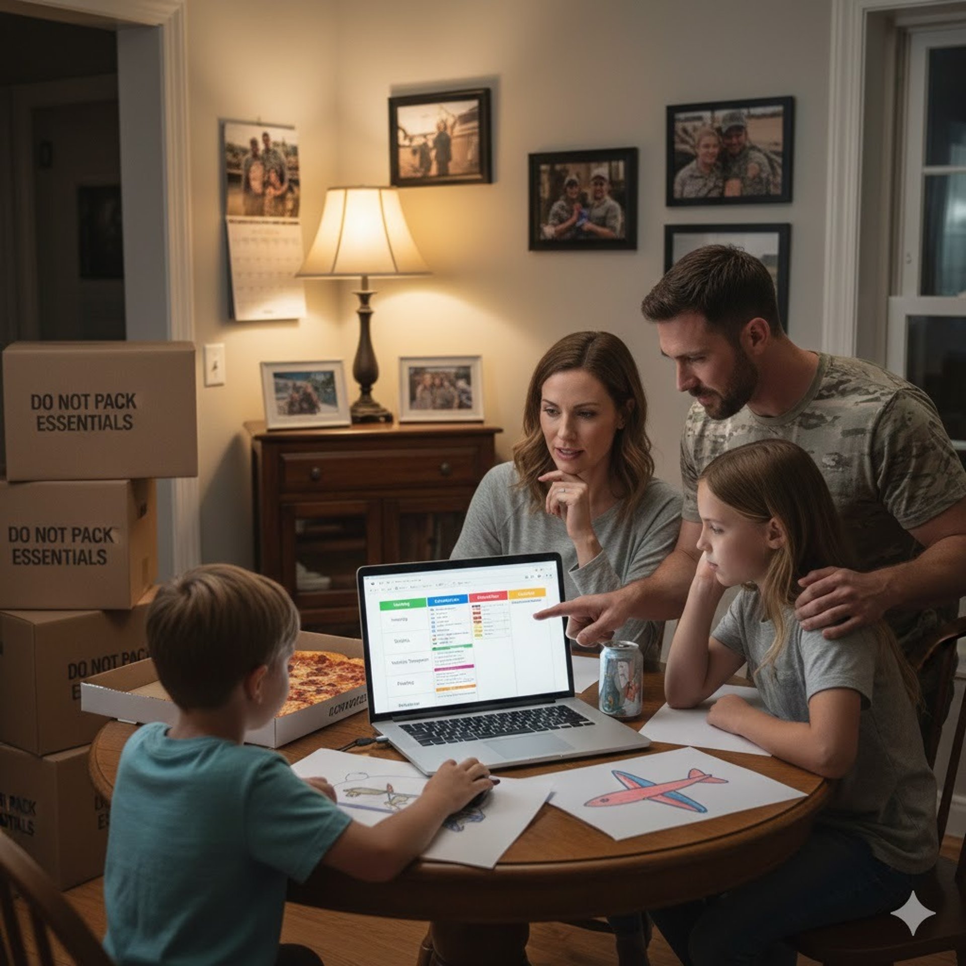 a house with palm trees and blue flowers in front of it