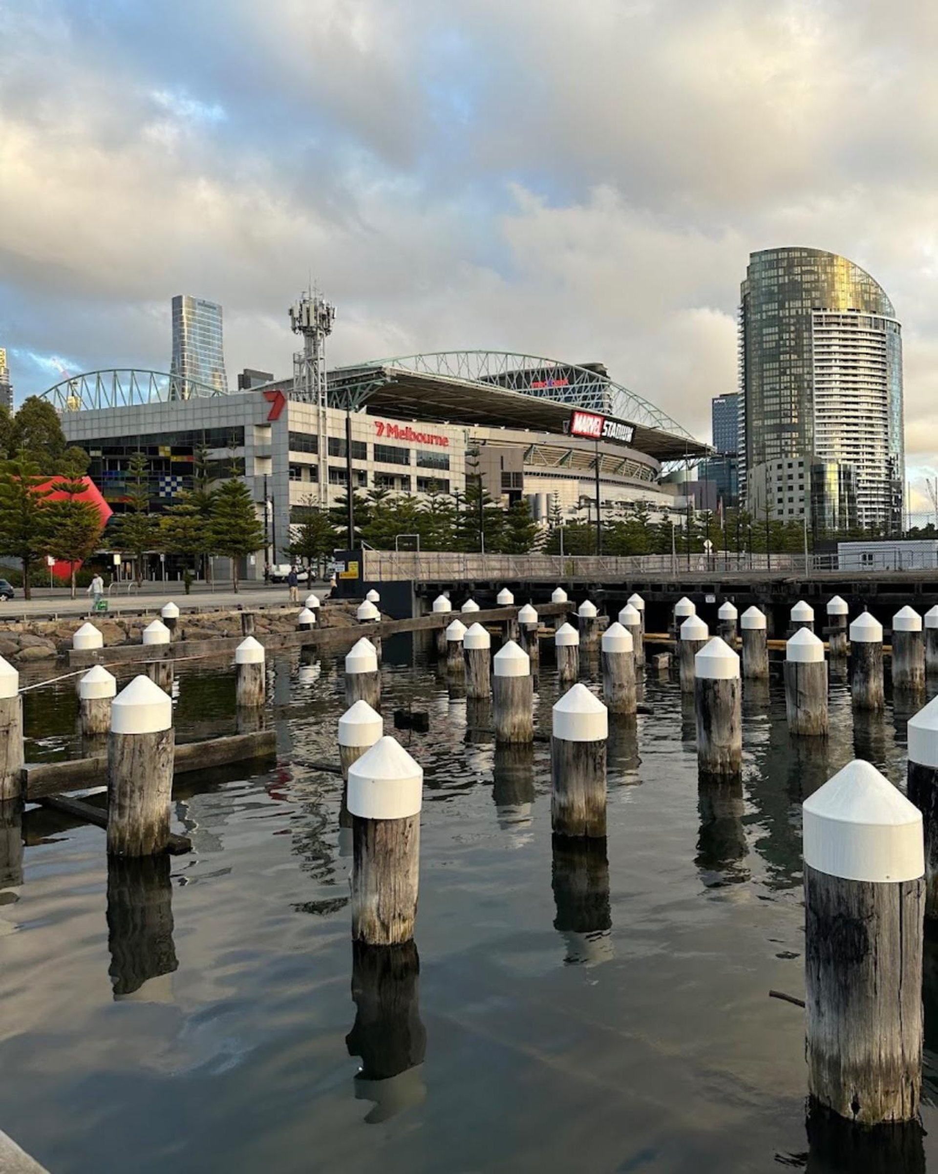 A view of a stadium from across a body of water