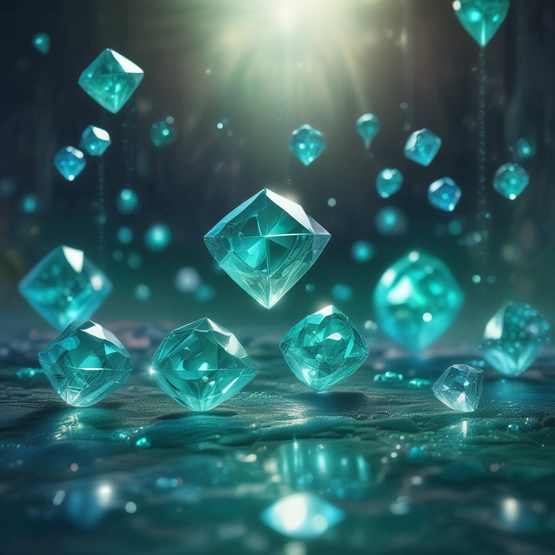 Diamanti fluttuanti in stile fantasy, immersi in una luce soffusa e sognante. Immagine generata con IA