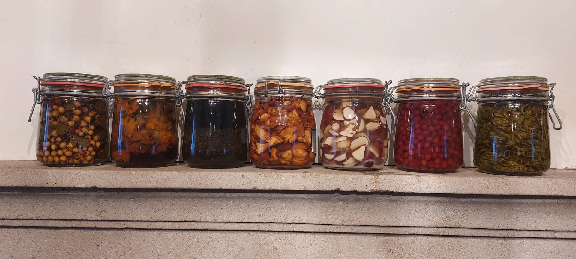 glazen potten met diverse kruiden, bessen en bloemen