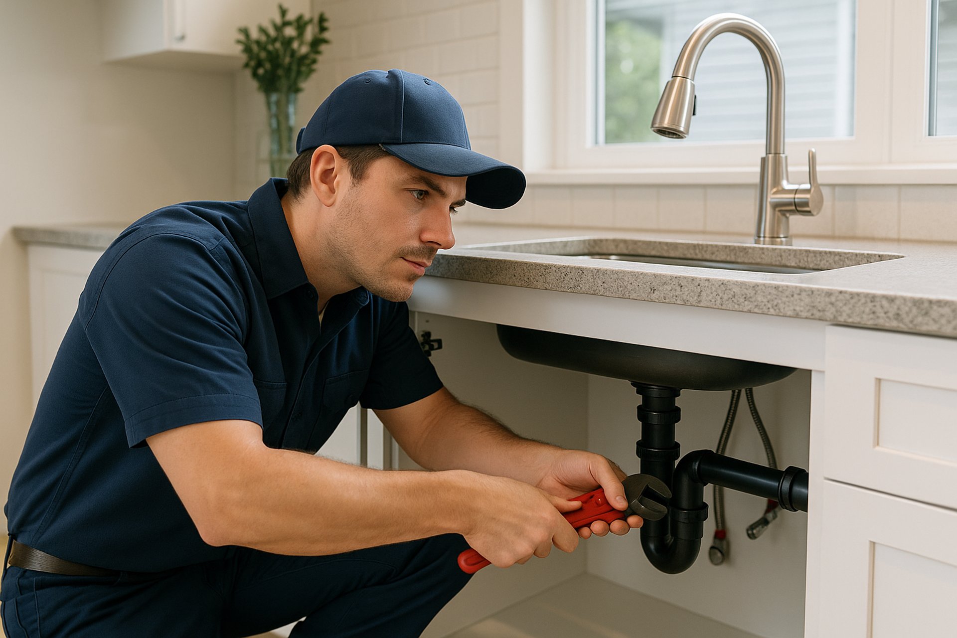 A plumber in a navy uniform fixing pipes under a modern kitchen sink in Kamloops.