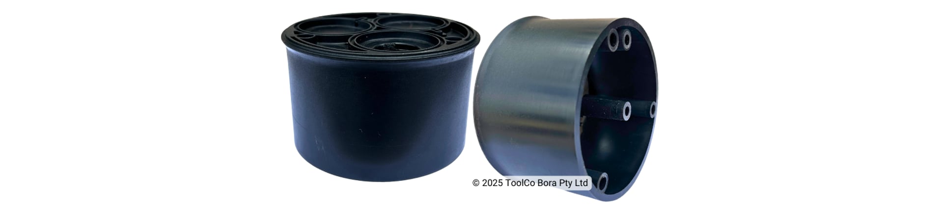 Two views of a thick wall black plastic injection moulded part on a white background
