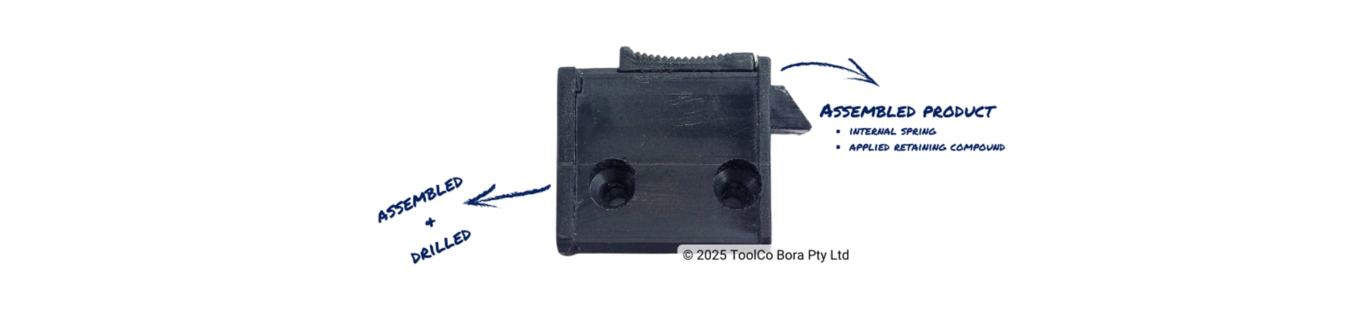 A black plastic injection moulded assembled part with arrow to text on white background