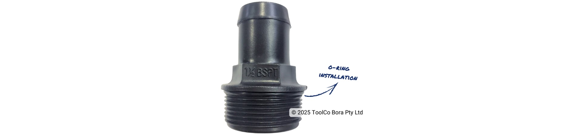 A black plastic injection moulded part with arrow to text o-ring installation on white background