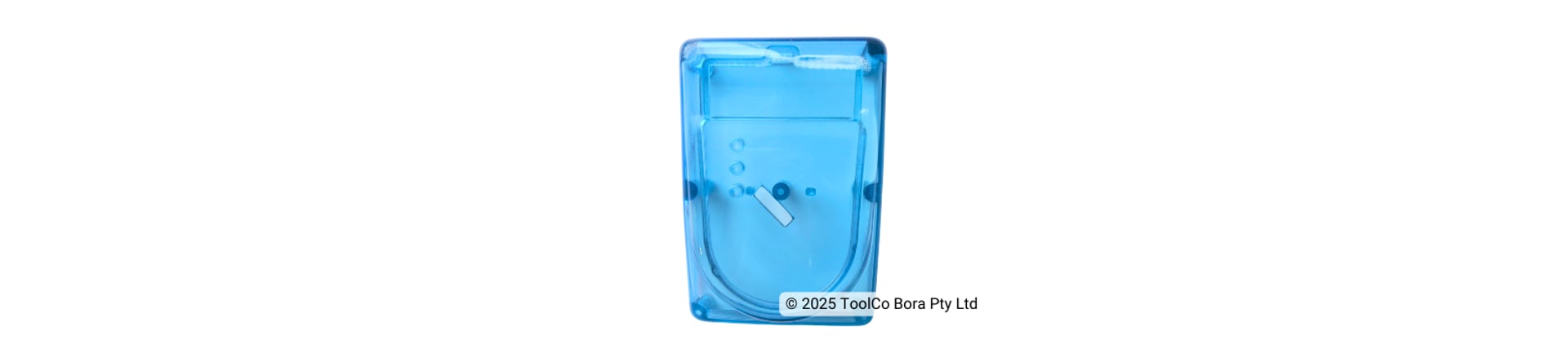 A blue tinted plastic injection moulded lens on white background