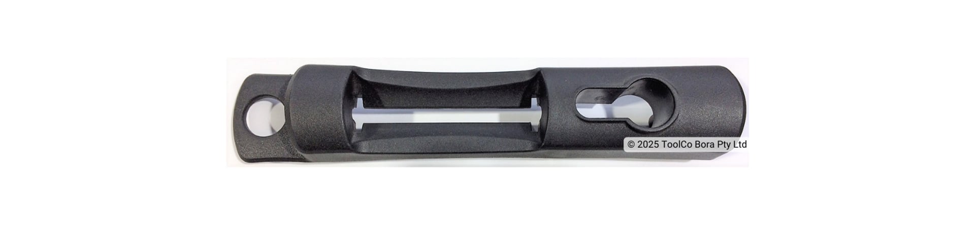 A black plastic injection moulded door handle on white background