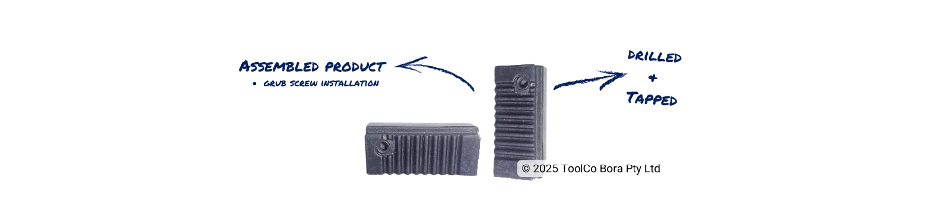 Two small black plastic injection moulded parts with grub screw installed on white background