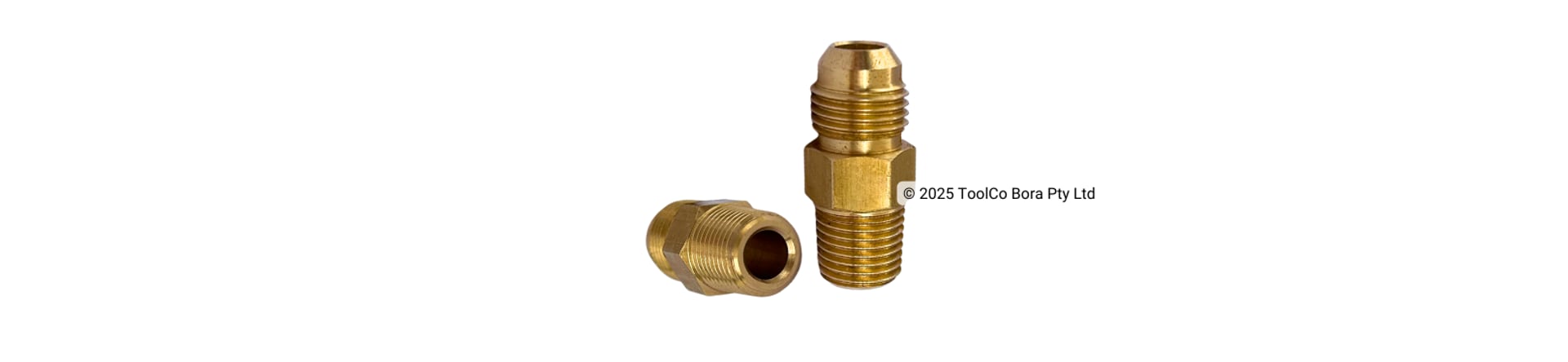 Two CNC machined brass adaptor fittings on a white background