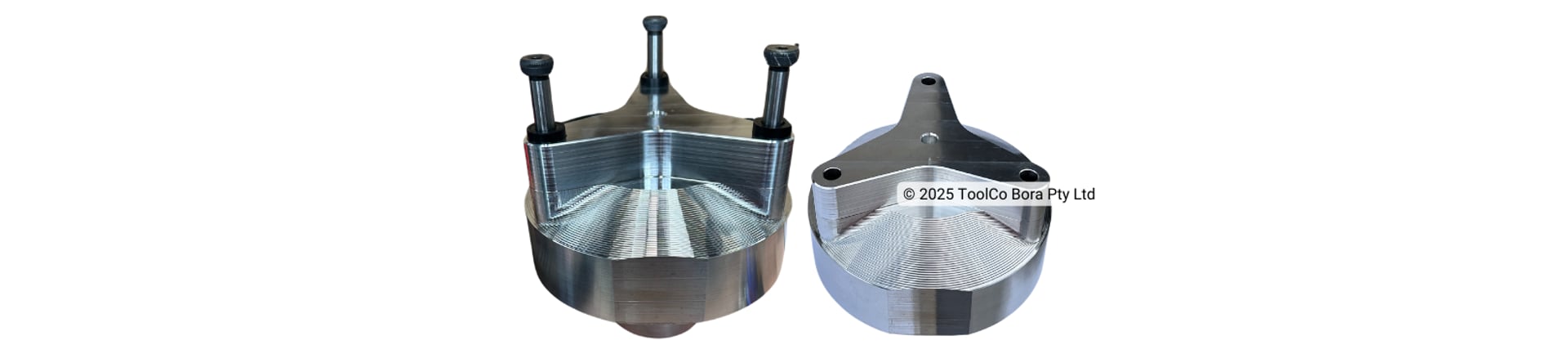 Two views of CNC machined part on white background